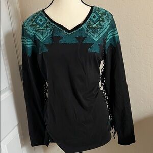 Double D Ranch Black and Teal Long Sleeve Top
